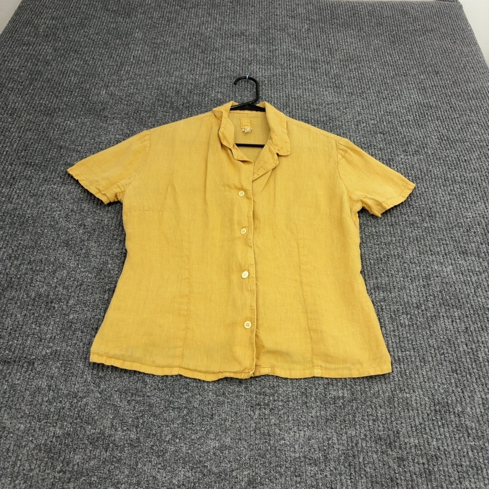 120% Lino Shirt Women 44 Yellow Linen Short Sleeve Button Up Coastal Italian